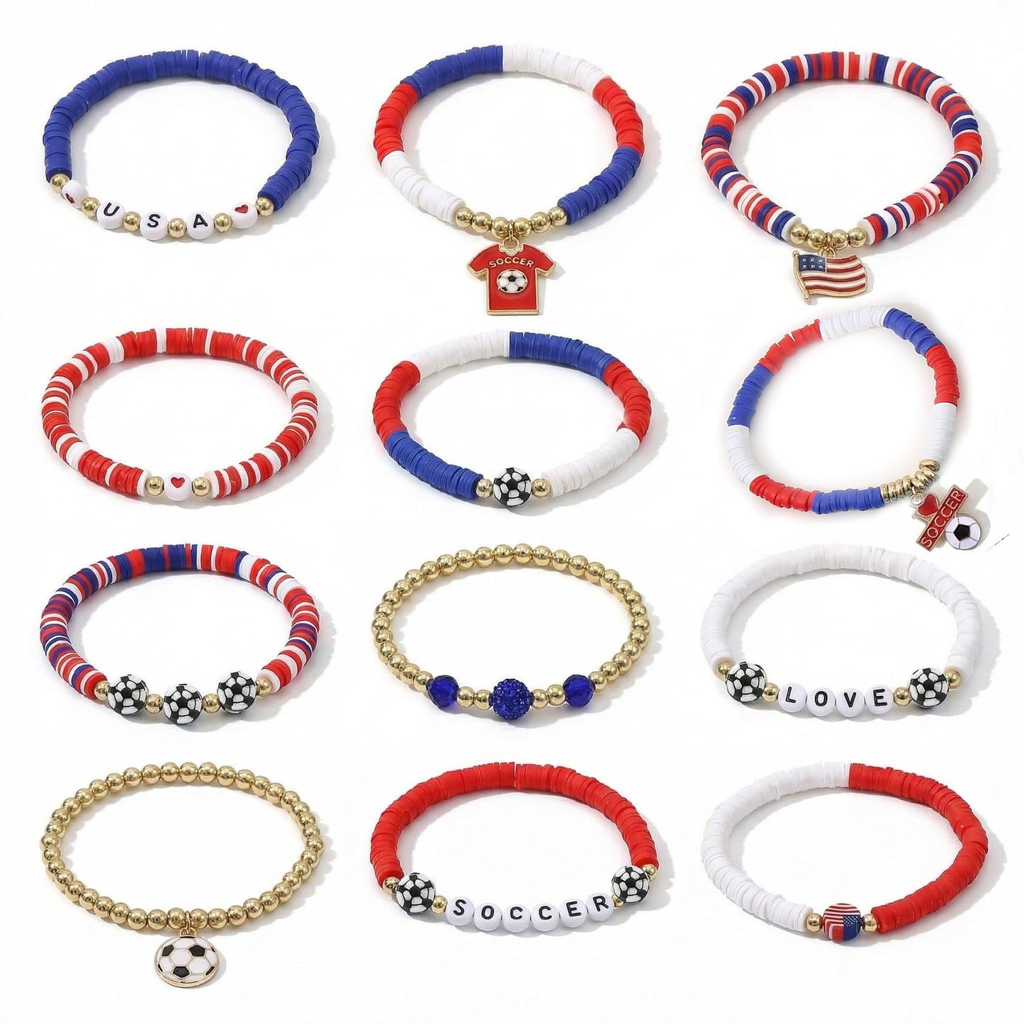 Spiritlele 12pcs World Cup Bracelets Set Red White Blue Clay Bead Wristband Stackable USA Soccer Charm Stretch Bracelet For Women Football Sports Fans Jewelry Gift