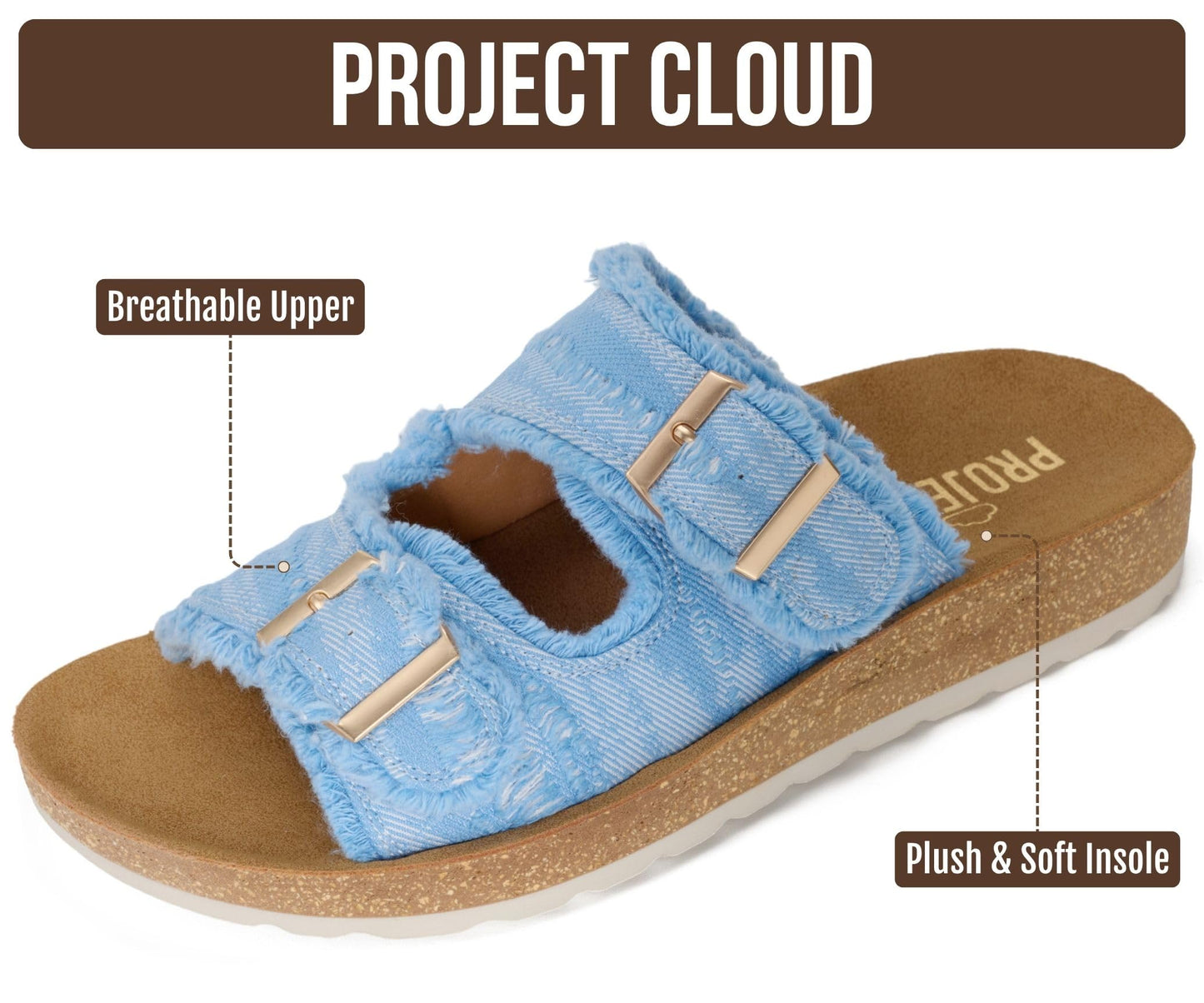 Project Cloud Comfortable Womens Sandals Platform Sandals for Women (Light) | Lightweight Plush Soft Insole Buckle Non Slip Durable Fashion Frayed Footwear Casual Beach Summer Everyday Style All Day Wear