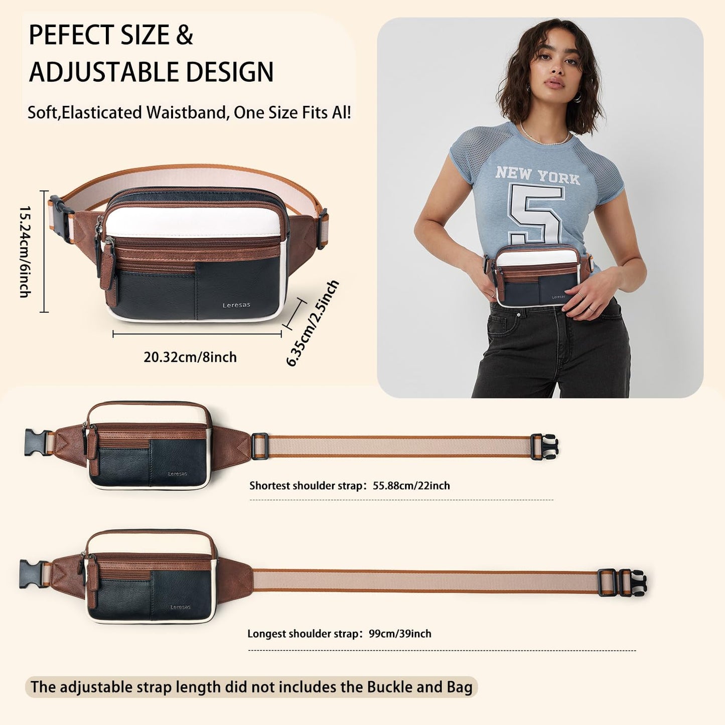 Leresas Fanny Packs for Women Vegan Leather Belt Bag Chic Cross Body Waist Pack Waist Purse for Travel Hiking Running Brown