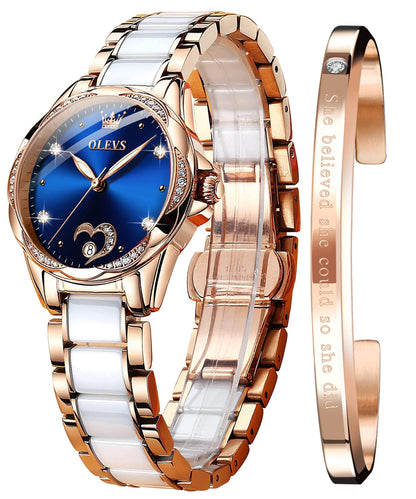OLEVS Automatic Watches for Women Rose Gold Fashion Diamond Dress Ladies Wrist Watch Self Winding Mechanical Two Tone Ceramic Band Waterproof