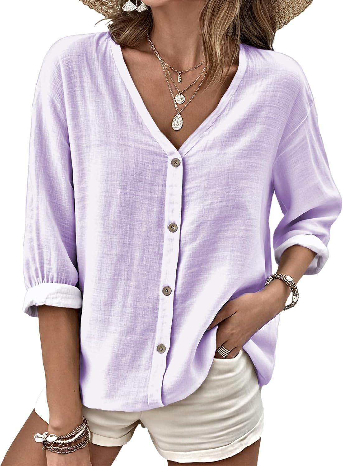 MARSVOVO V Neck Shirts for Women Lightweight Decorative Button 3/4 Sleeve Blouses Comfy Casual Business Flowy Top