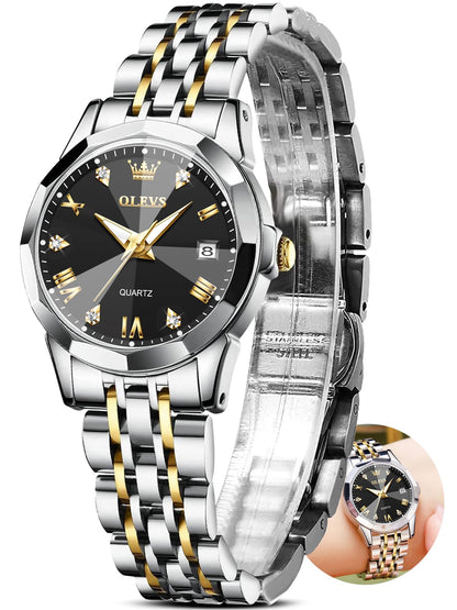 OLEVS Watches Women with Date Silver Stainless Steel Luxury Ladies Watches with Small Writs Diamond Watches for Women Waterproof Elegant Dress Quartz Analog Women's Wrist Watches Reloj de Mujer