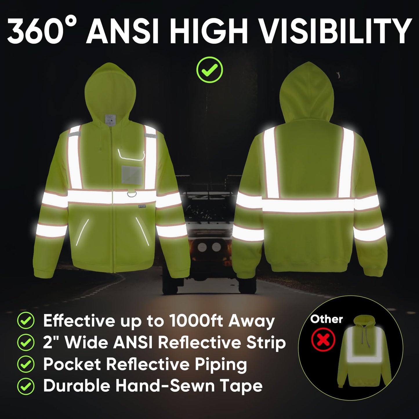 TICONN Safety Hoodie Jacket, High Vis Reflective Safety Fleece Hoodie, PPE Gear for Cold Weather Meet ANSI III