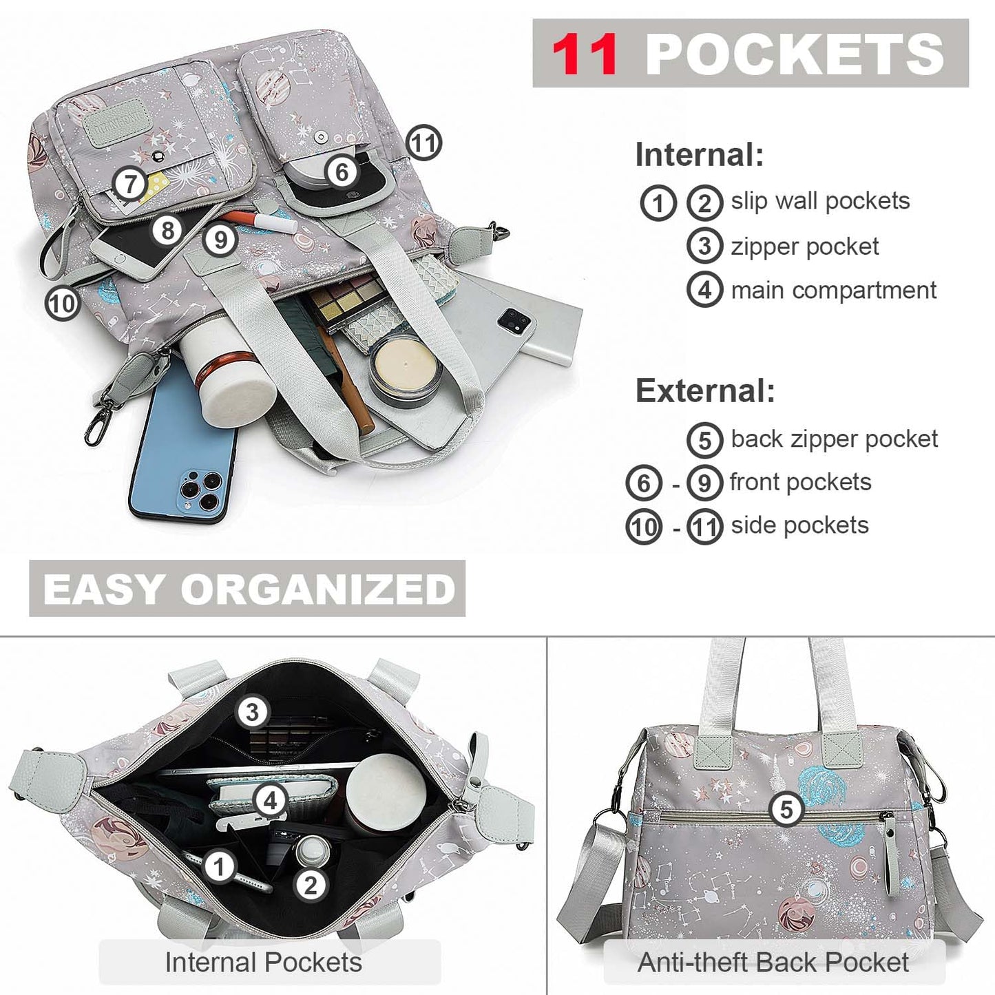 Tote Bag for Women,Multi Pockets Shoulder Handbag,Nurse Bag for Work,Large Cross body Purse,Fashion Nylon Top Handle Satchel