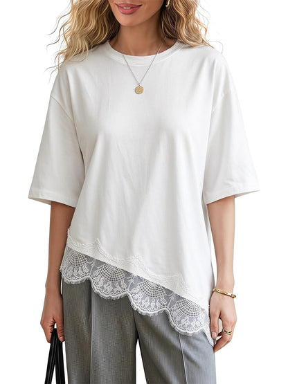 EXLURA Womens Summer Oversized Lace Trim T Shirts 2026 Casual Half Sleeve Asymmetrical Hem Tops Loose Crewneck Tunic Blouse