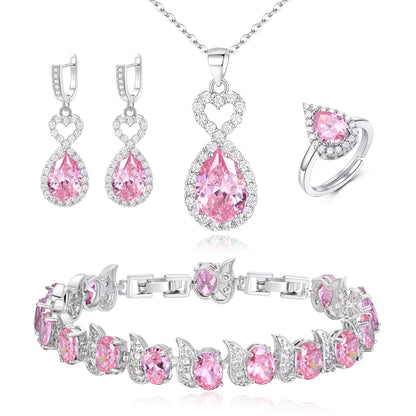 BriLove Wedding Jewelry Set for Women Bride Bridesmaid | Gorgeous Cubic Zirconia Teardrop Necklace Earrings Bracelet Adjustable Ring Jewelry Gift for Birthday/Anniversary