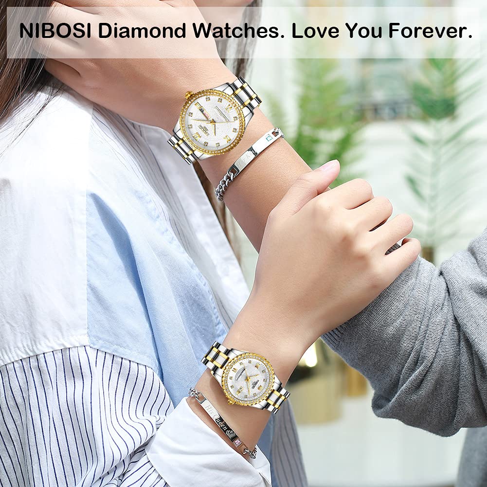 NIBOSI Watches for Couples Diamond Luxury Men and Women His and Hers Pair Watch Set Husband Wife Valentines Matching Wrist Watch Wedding Gifts Day Date Waterproof Quartz Analog