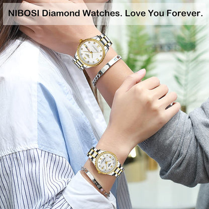 NIBOSI Watches for Couples Diamond Luxury Men and Women His and Hers Pair Watch Set Husband Wife Valentines Matching Wrist Watch Wedding Gifts Day Date Waterproof Quartz Analog