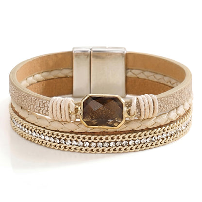 Fesciory Leopard Bracelet for Women, Boho Leather Wrap Multi-Layer Pearl Crystal Bracelet Bangle Jewelry