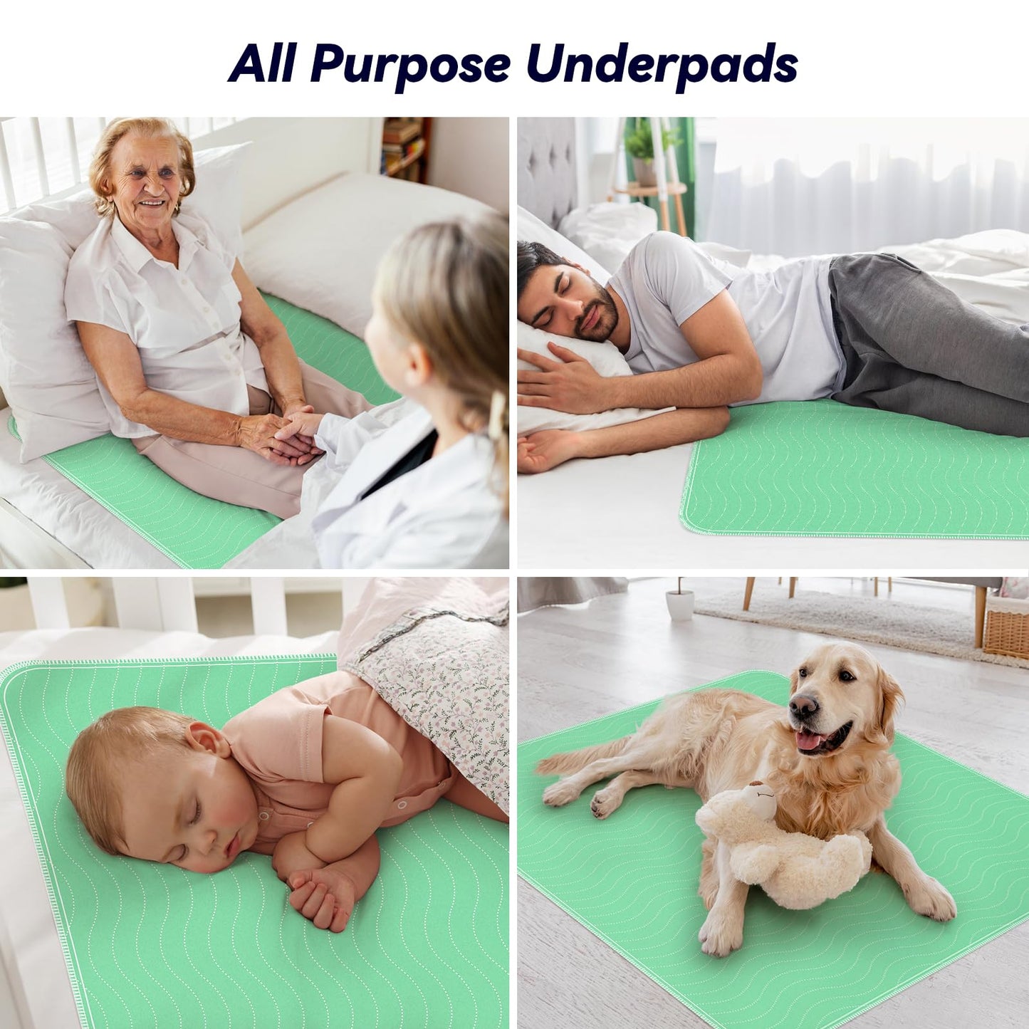 4 Pack 24” x 24” Extra Heavy Absorbency Washable Underpads, Waterproof Nursing Pads Incontinence Bed Pads, Reusable Washable Pee Pads for Dogs, Diaper Changing & Adults, Washable Puppy Pads