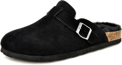 Erica Women's Cork Footbed Clogs Genuine Soft Suede Fuzzy Faux Fur Lined Comfort Cushioned Mule Slide Shoes