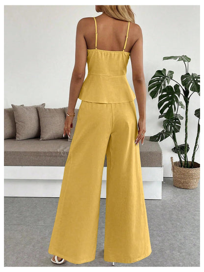 SOLY HUX Women's 2 Piece Summer Outfit Button Down Peplum Cami Top and Wide Leg Pants Set