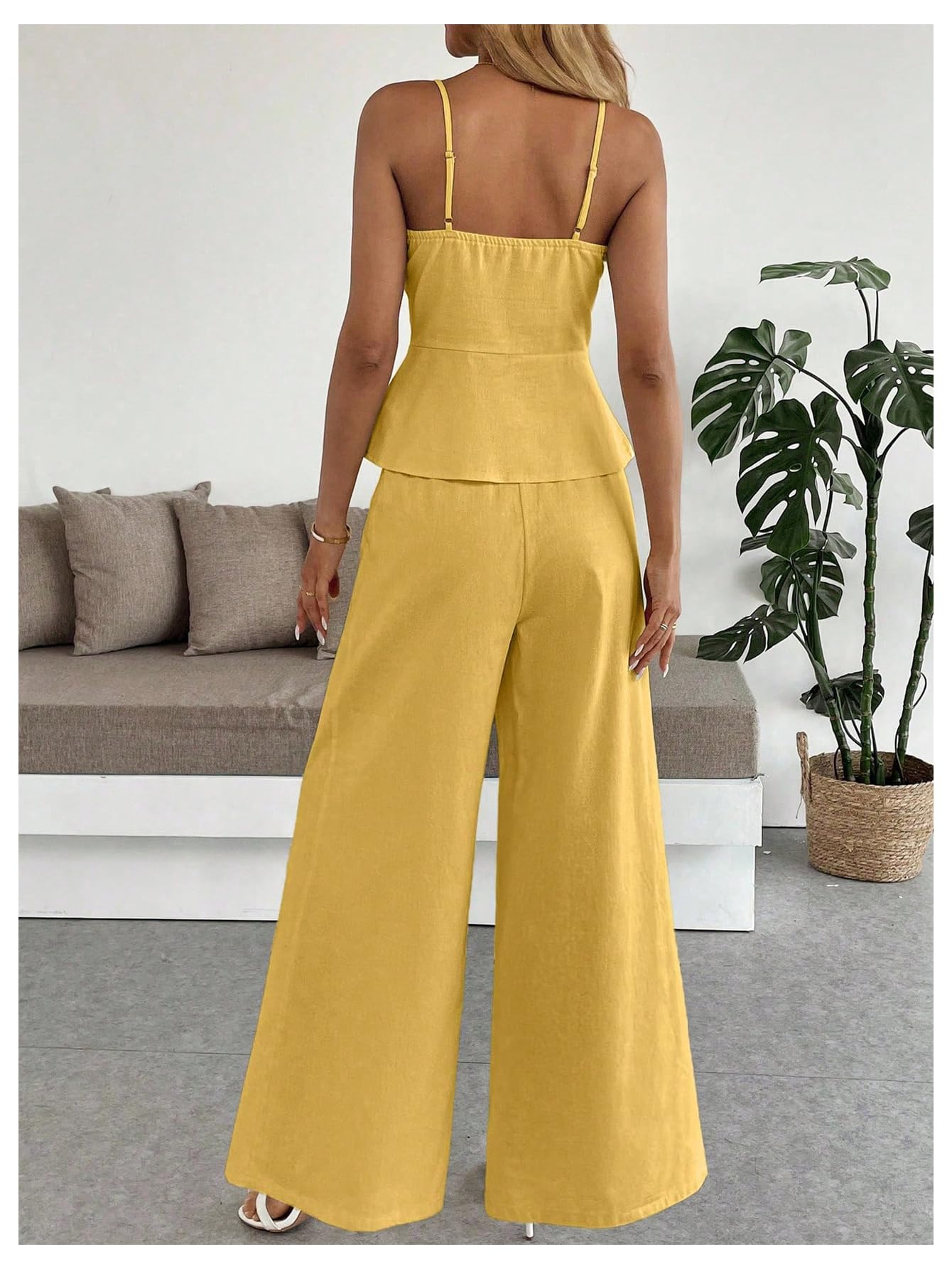 SOLY HUX Women's 2 Piece Summer Outfit Button Down Peplum Cami Top and Wide Leg Pants Set