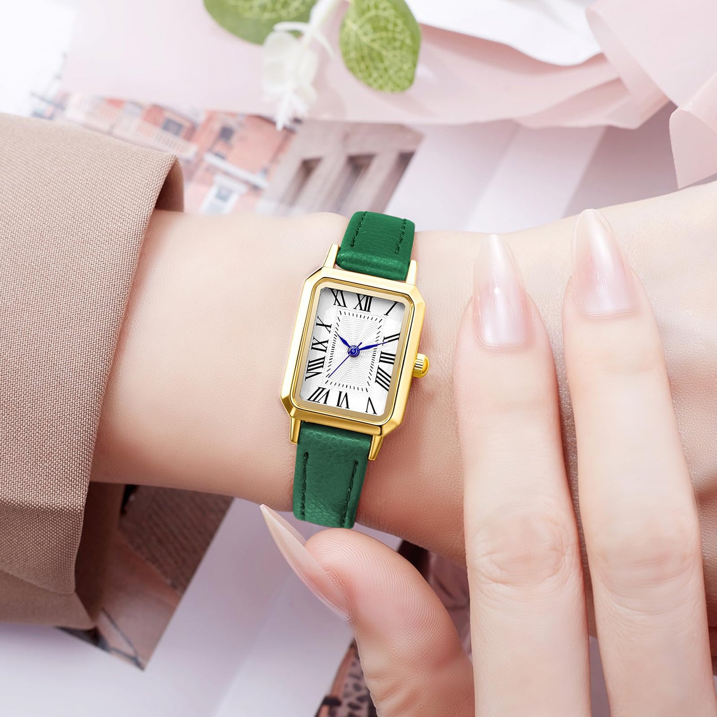 BESTKANG Leather Strap Watches for Women Elegant Dainty Ladies Watch Vintage Rectangle Women Quartz Wrist Watch