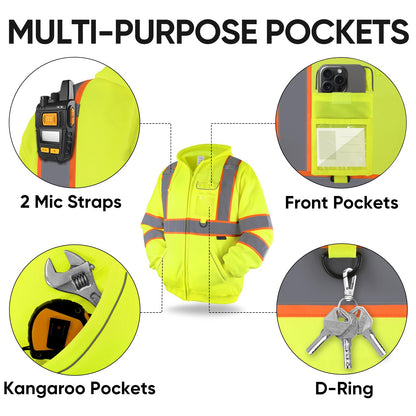 TICONN Safety Hoodie Jacket, High Vis Reflective Safety Fleece Hoodie, PPE Gear for Cold Weather Meet ANSI III