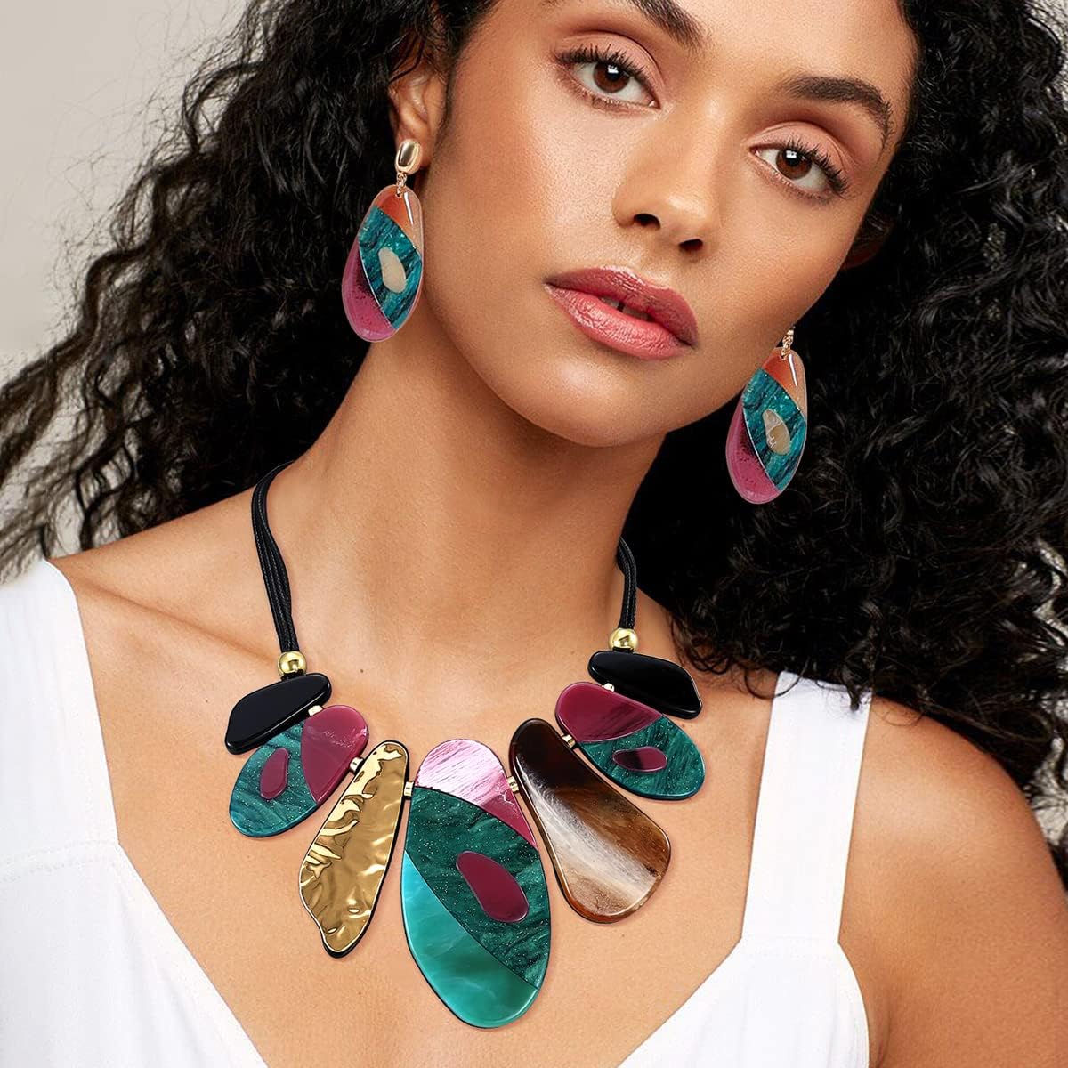 MUYAN Statement Acrylic Jewelry Set for Women, Big Bohemian Multicolor Bib Necklaces Bangle Bracelet Dangle Earrings Chunky Jewelry Sets