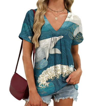 domirica Japanese Print Blouse Women V Neck Short Sleeve Lightweight Breathable Summer Casual Soft Comfy Tops 2026