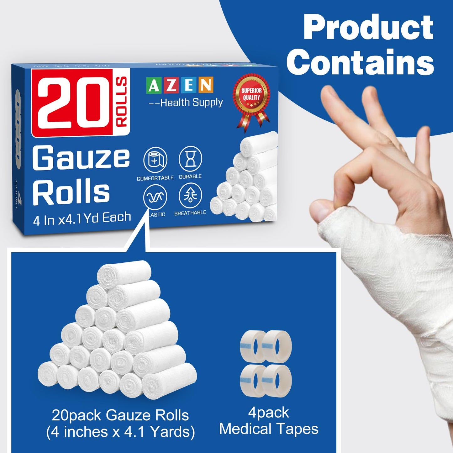 AZEN 25 Pack Gauze Rolls Bandages, 3 in x 4.1 Yards, Premium Medical Supplies & First Aid Supplies, Bandage Wrap Vet Wrap, Mummy Wraps