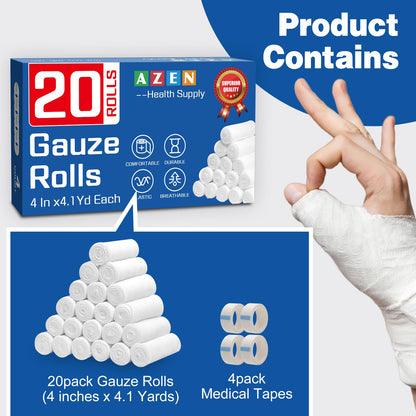 AZEN 25 Pack Gauze Rolls Bandages, 3 in x 4.1 Yards, Premium Medical Supplies & First Aid Supplies, Bandage Wrap Vet Wrap, Mummy Wraps