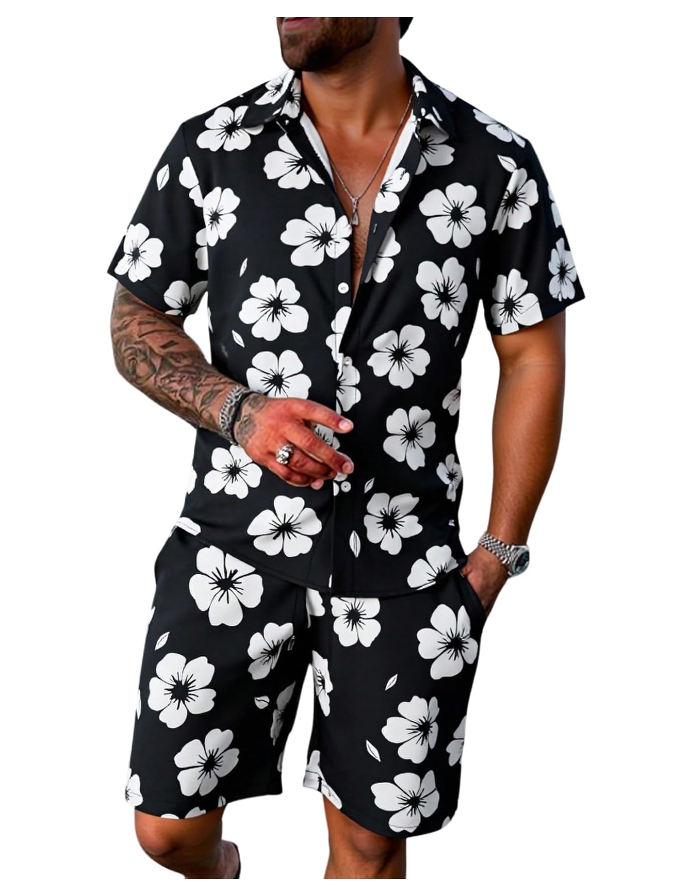 GORGLITTER Men's Vacation Beach Cruise Summer Outfits 2 Piece Shorts Set Hawaiian Button Down Shirt and Shorts