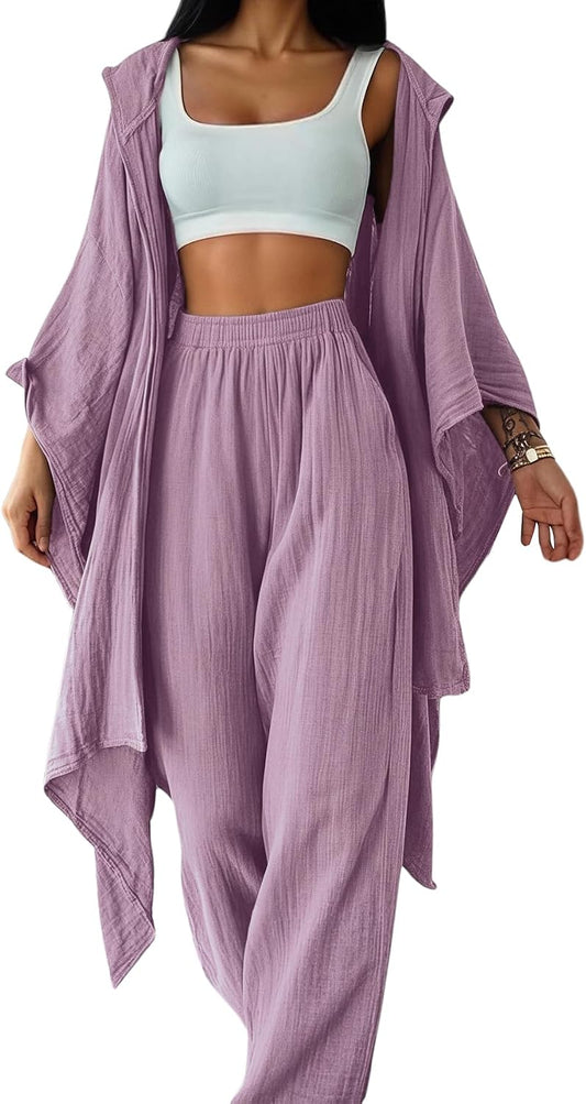 SOLY HUX Women's 2 Piece Linen Sets Hooded Kimono Cardigan High Waist Pants | Boho, Wide Leg, Elastic Waisted, Casual, Flowy, 2 Piece Outfits