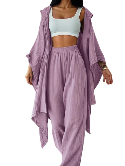 SOLY HUX Women's 2 Piece Linen Sets Hooded Kimono Cardigan High Waist Pants | Boho, Wide Leg, Elastic Waisted, Casual, Flowy, 2 Piece Outfits