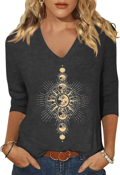Womens V Neck Flowers Shirts Boho Floral Printed T-Shirt Vintage Graphic Tee Summer Casual Cute 3/4 Sleeve Tops