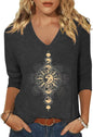 Womens V Neck Flowers Shirts Boho Floral Printed T-Shirt Vintage Graphic Tee Summer Casual Cute 3/4 Sleeve Tops