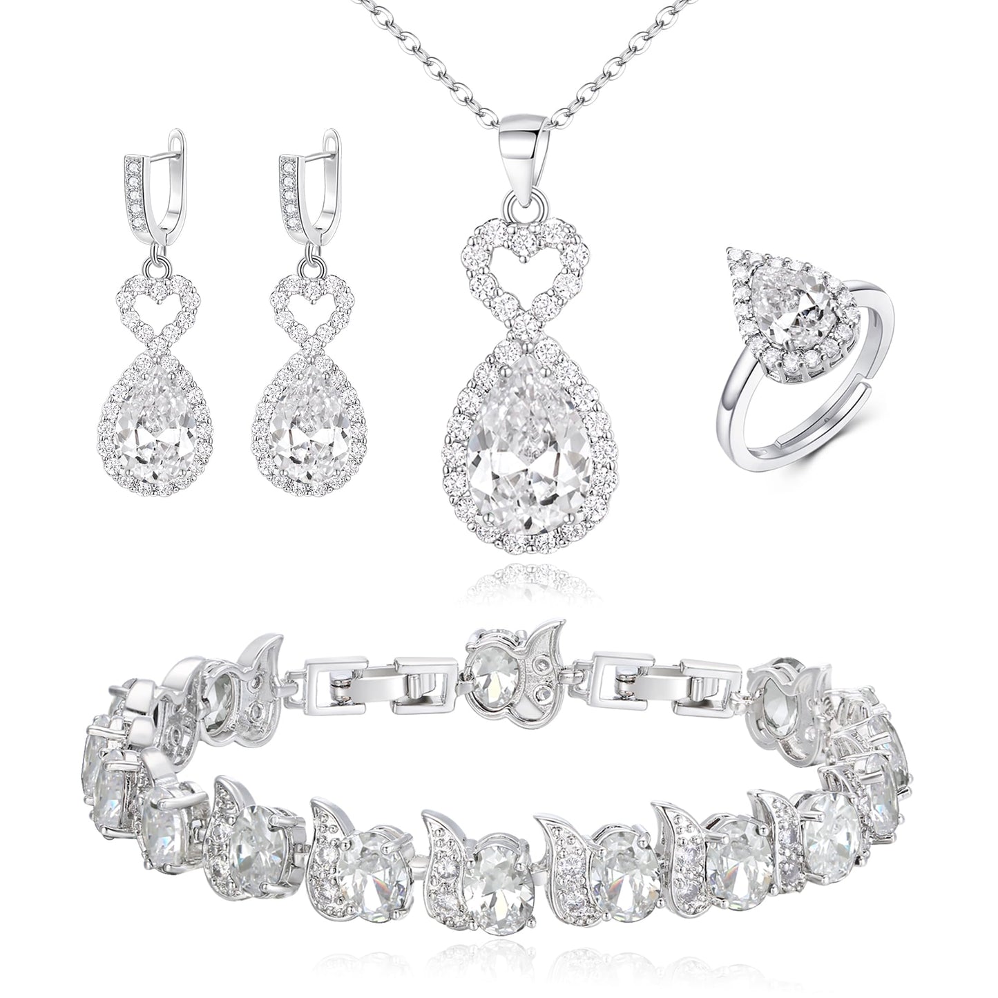 BriLove Wedding Jewelry Set for Women Bride Bridesmaid | Gorgeous Cubic Zirconia Teardrop Necklace Earrings Bracelet Adjustable Ring Jewelry Gift for Birthday/Anniversary