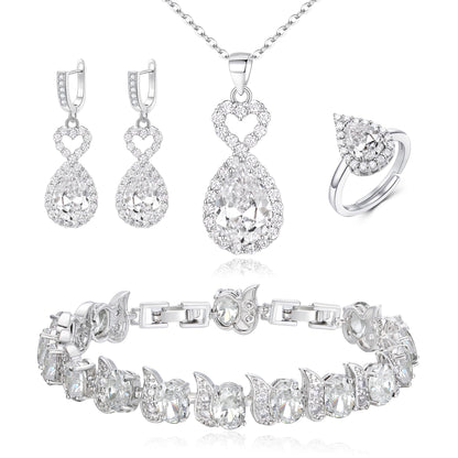 BriLove Wedding Jewelry Set for Women Bride Bridesmaid | Gorgeous Cubic Zirconia Teardrop Necklace Earrings Bracelet Adjustable Ring Jewelry Gift for Birthday/Anniversary