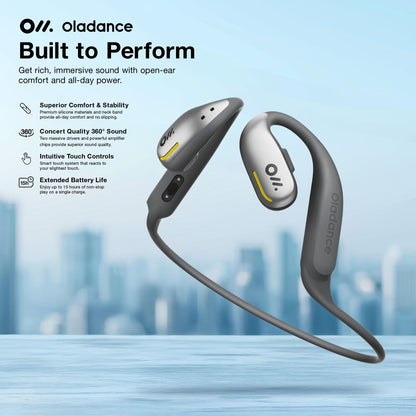 Oladance OWS Sports Open Ear Headphones, Comfortable & Stable Fit, 15H Battery Life, IPX8 Waterproof, Noise Canceling, Crystal Clear Audio, Multi-Point Bluetooth Connection, Durable Neckband (Grey)