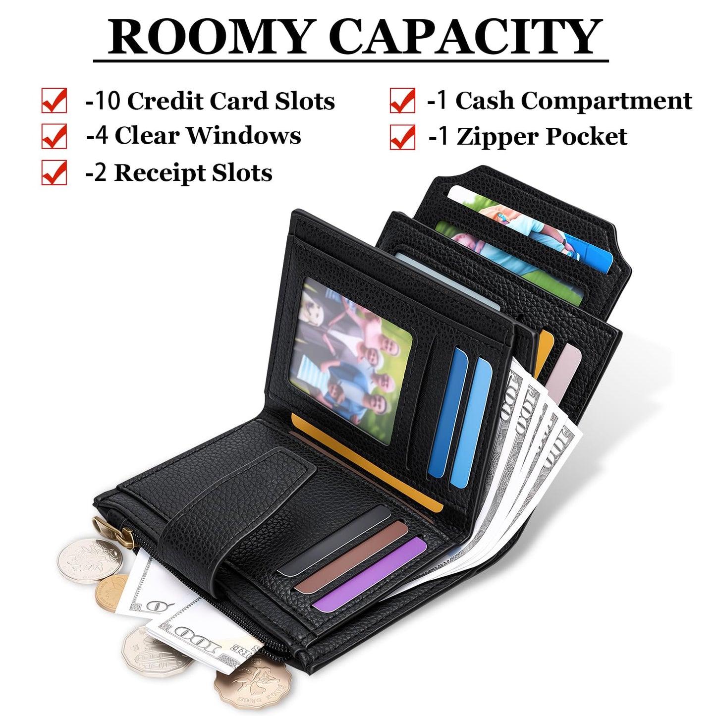 Airkit Small Wallet Women RFID Blocking Soft Leather Bifold Compact Card Holder Wallet for Women with Zipper Coin Pocket 4 ID Window