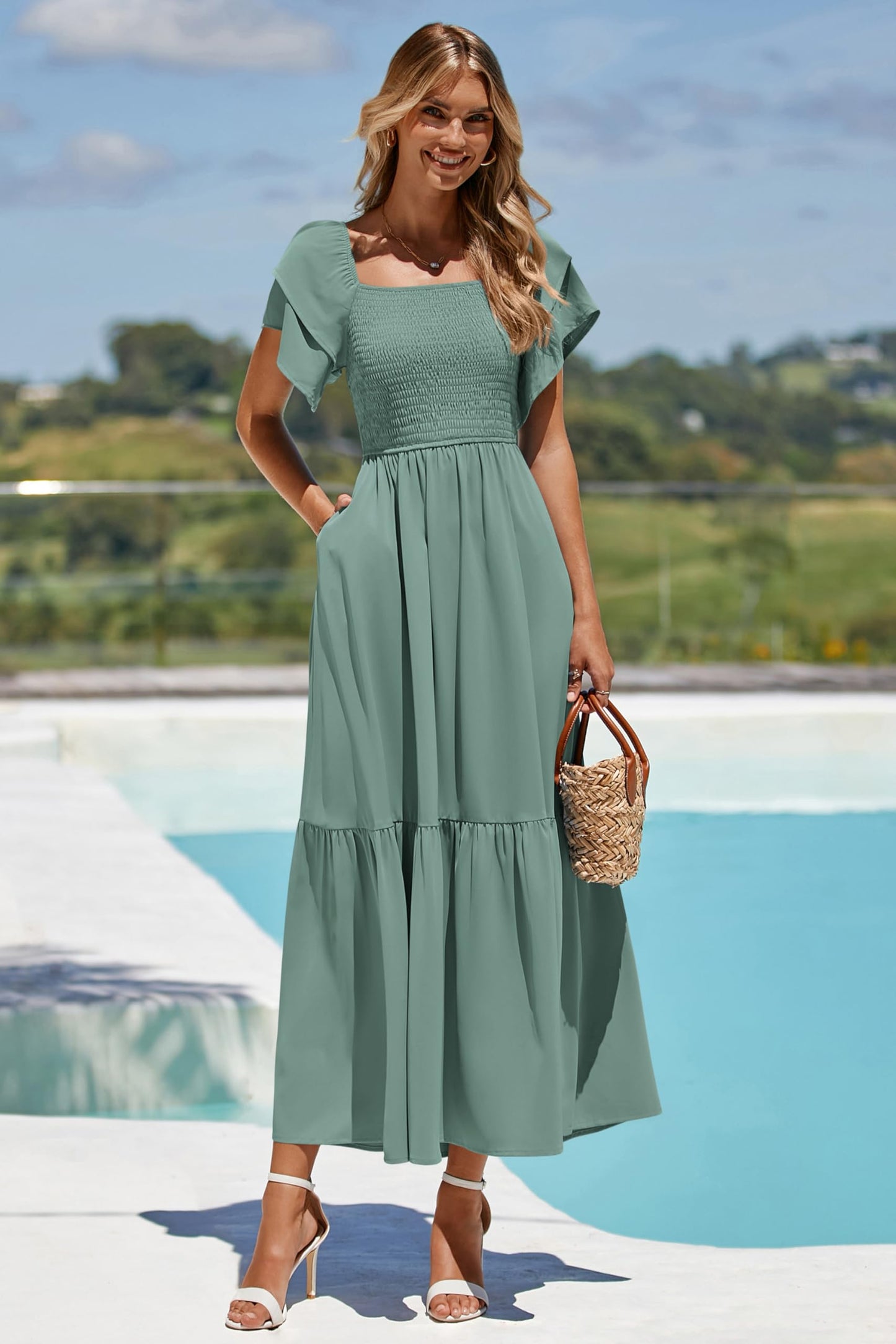 MASCOMODA Womens Summer Casual Midi Dress Square Neck Ruffle Short Sleeve Smocked High Waist A Line Wedding Guest Dresses