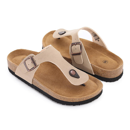 Cork Footbed Flip Flops for Women, Comfortable Beach Sigle Buckle Slip-On with Genuine Suede Footbed & Memory Foam Arch Support Flats Slides for Women Footwear