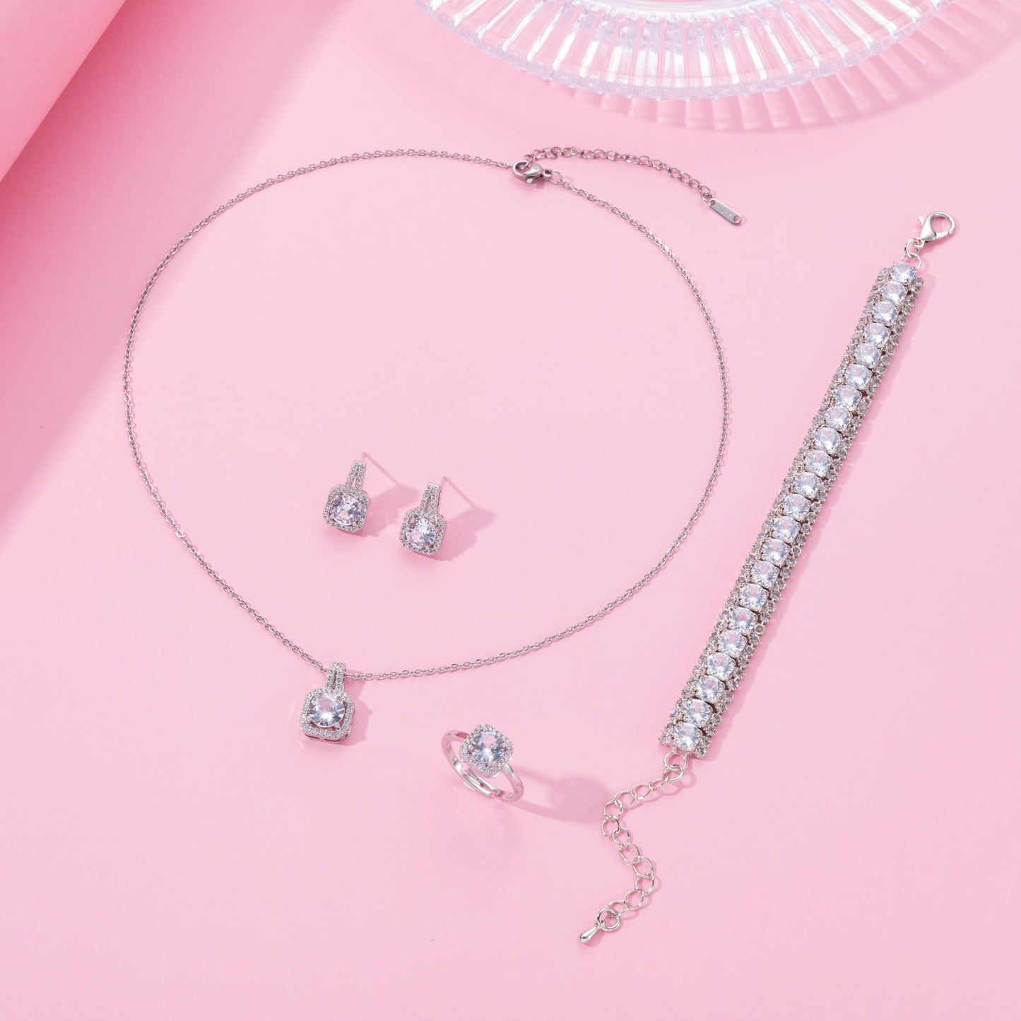 Paxuan 4pcs Cubic Zirconia Wedding Jewelry Sets for Bride Bridesmaid Cubic Zirconia Pendant Necklace Earrings Link Tennis Bracelet Open Ring Set for Women