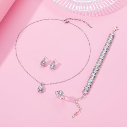 Paxuan 4pcs Cubic Zirconia Wedding Jewelry Sets for Bride Bridesmaid Cubic Zirconia Pendant Necklace Earrings Link Tennis Bracelet Open Ring Set for Women