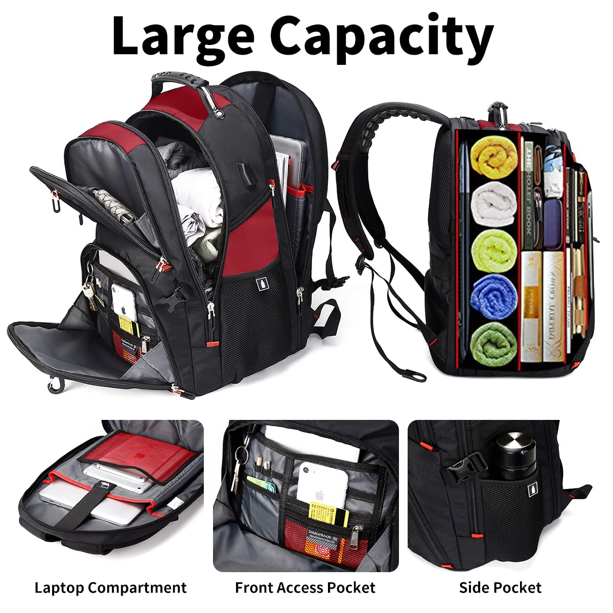 SHRRADOO Extra Large 50L Travel Laptop Backpack with combination lock,High School College Backpack Airline Approved Business Work Bag Fit 17 Inch Laptops for Men Women,Black