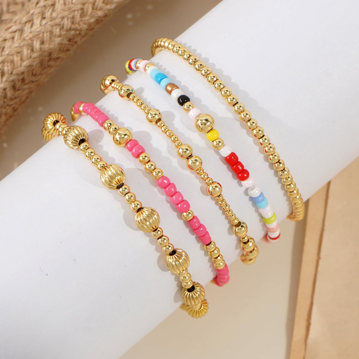 14K Gold Plated Pearl Beaded Cross Bracelets Stack Set for Women,Stretch Boho Colorful Christian Beads Ball Jewelry Friendship Summer Trendy Gift
