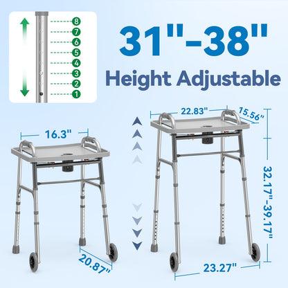 Loyoda Folding Walker with 2 Skis and 5" Wheels, Lightweight Walkers for Seniors and Adults, Supports Up to 350 Pounds, Adjustable Height, Compact Standard Walker, Black