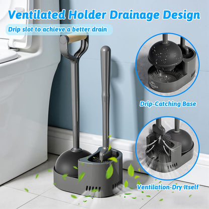 Sellemer Toilet Brush and Plunger Set, Curved Design Head for Deep Cleaning, Heavy Duty Toilet Bowl Brush and Plunger Combo with Holder for Bathroom Cleaning, Black, 2 Pack