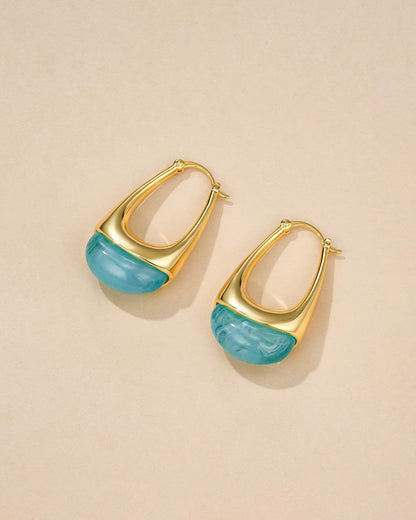 SNGIA Long Oval Chunky Dangle 18K Gold Plated Hoops with Colored Resin Gemstone Statement Earrings for Women, (Green, Brown, Light blue, Dark Blue), Bold Drop Handmade Exaggerated Irregular Trendy Bohemian Jewelry Gifts, Unique Dangling Teardrop Baroque S