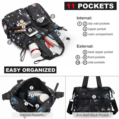 Tote Bag for Women,Multi Pockets Shoulder Handbag,Nurse Bag for Work,Large Cross body Purse,Fashion Nylon Top Handle Satchel