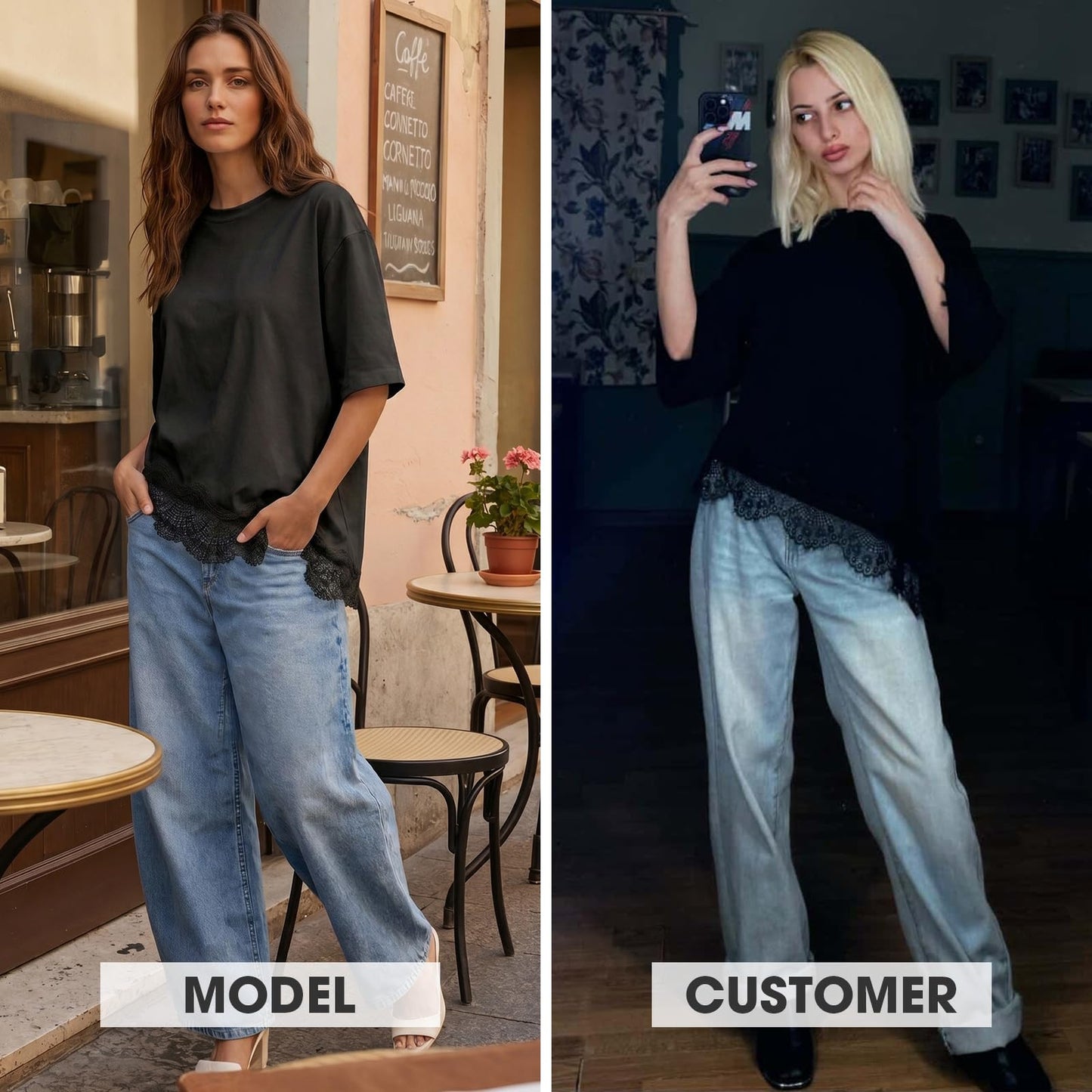 EXLURA Womens Summer Oversized Lace Trim T Shirts 2026 Casual Half Sleeve Asymmetrical Hem Tops Loose Crewneck Tunic Blouse