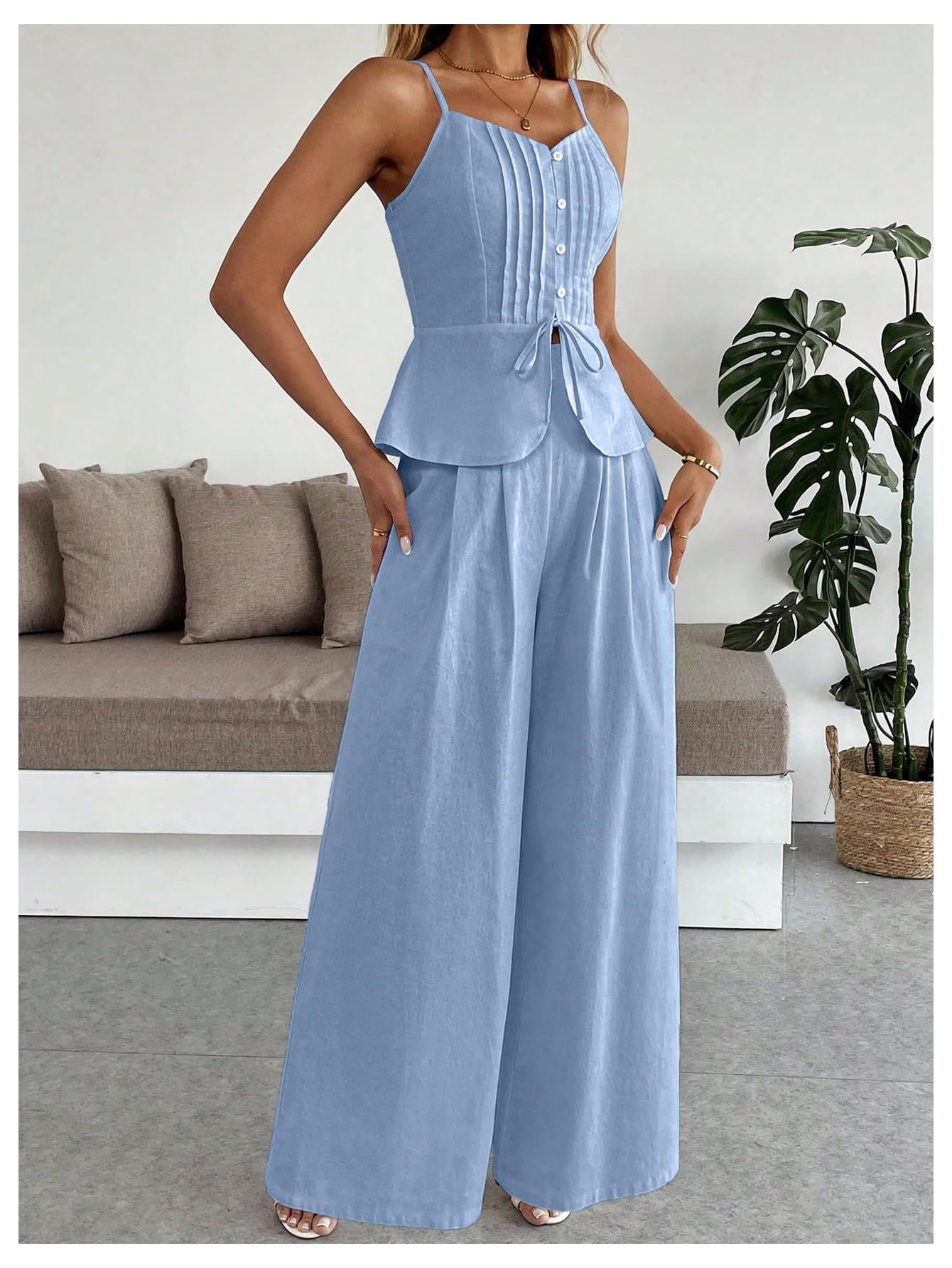 SOLY HUX Women's 2 Piece Summer Outfit Button Down Peplum Cami Top and Wide Leg Pants Set