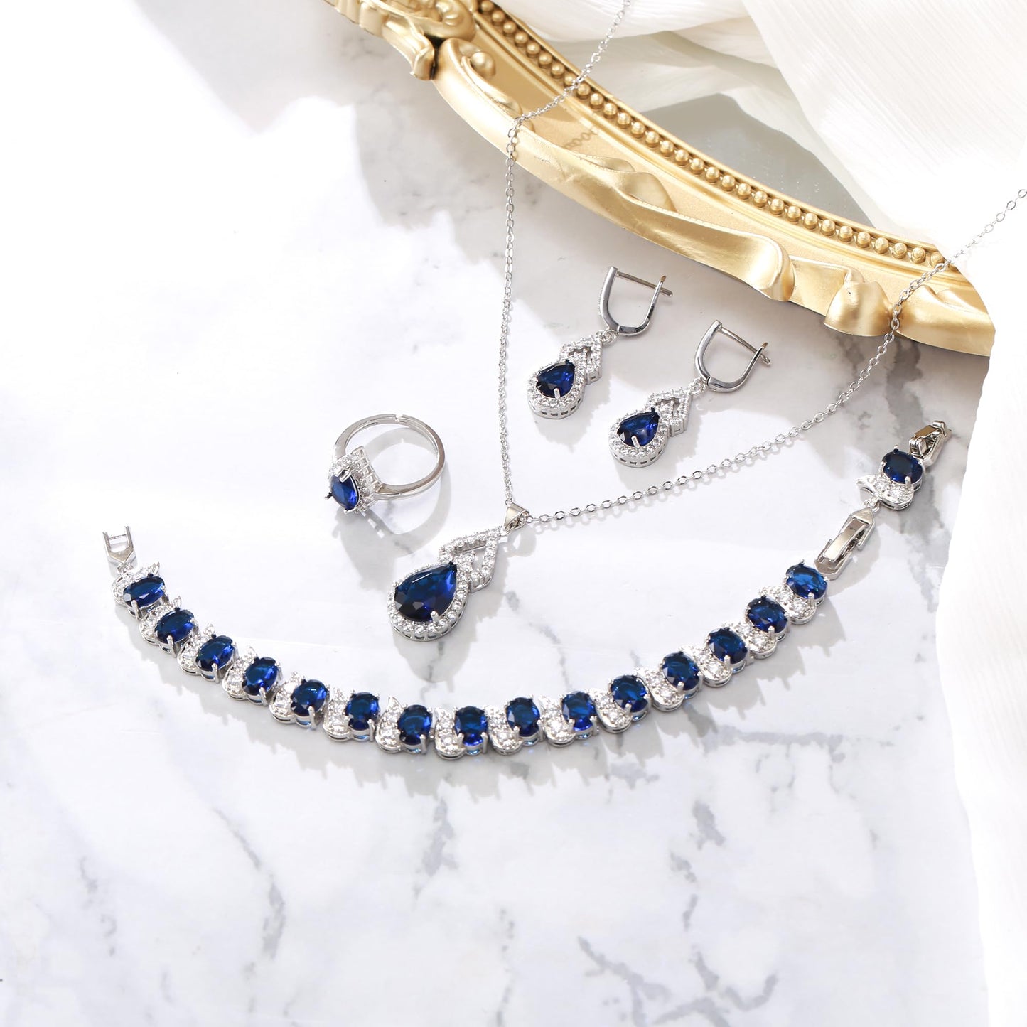 BriLove Wedding Jewelry Set for Women Bride Bridesmaid | Gorgeous Cubic Zirconia Teardrop Necklace Earrings Bracelet Adjustable Ring Jewelry Gift for Birthday/Anniversary