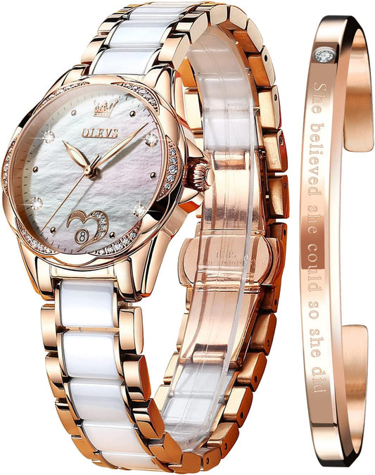 OLEVS Automatic Watches for Women Rose Gold Fashion Diamond Dress Ladies Wrist Watch Self Winding Mechanical Two Tone Ceramic Band Waterproof