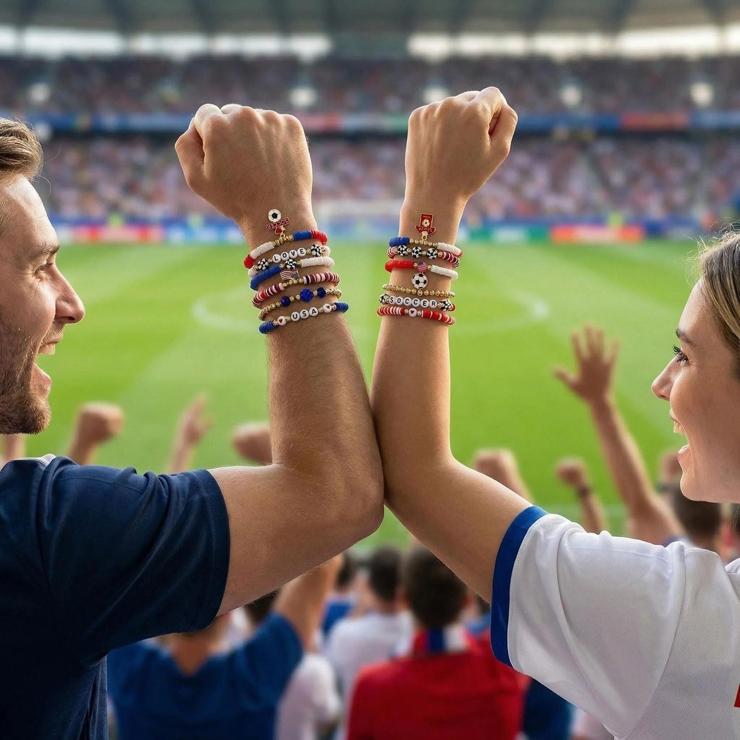 Spiritlele 12pcs World Cup Bracelets Set Red White Blue Clay Bead Wristband Stackable USA Soccer Charm Stretch Bracelet For Women Football Sports Fans Jewelry Gift