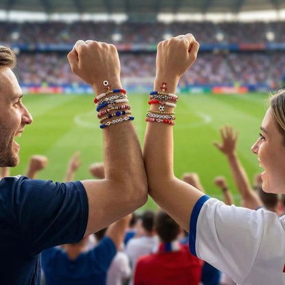 Spiritlele 12pcs World Cup Bracelets Set Red White Blue Clay Bead Wristband Stackable USA Soccer Charm Stretch Bracelet For Women Football Sports Fans Jewelry Gift