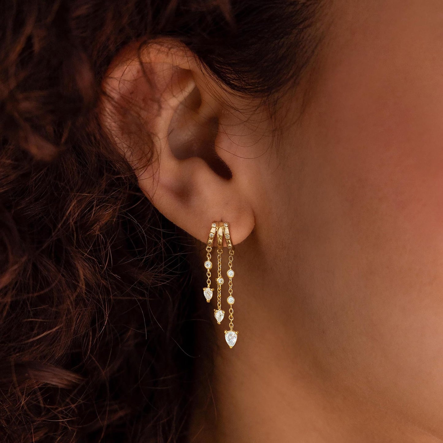 Gold Dangle Earrings for Women,Dainty 14K Gold Plated Triple Huggie Hoop Earrings Cute Statement Drop Earrings for Women Trendy Hypoallergenic CZ Gold Earrings Non Tarnish Wedding Prom Jewelry