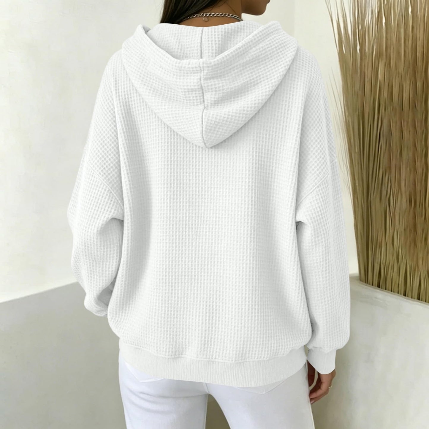 Women Casual Waffle Grid Textured Pullover Hoodie Contrast Drawstring Pocket Loose Long Sleeve Sweatshirts